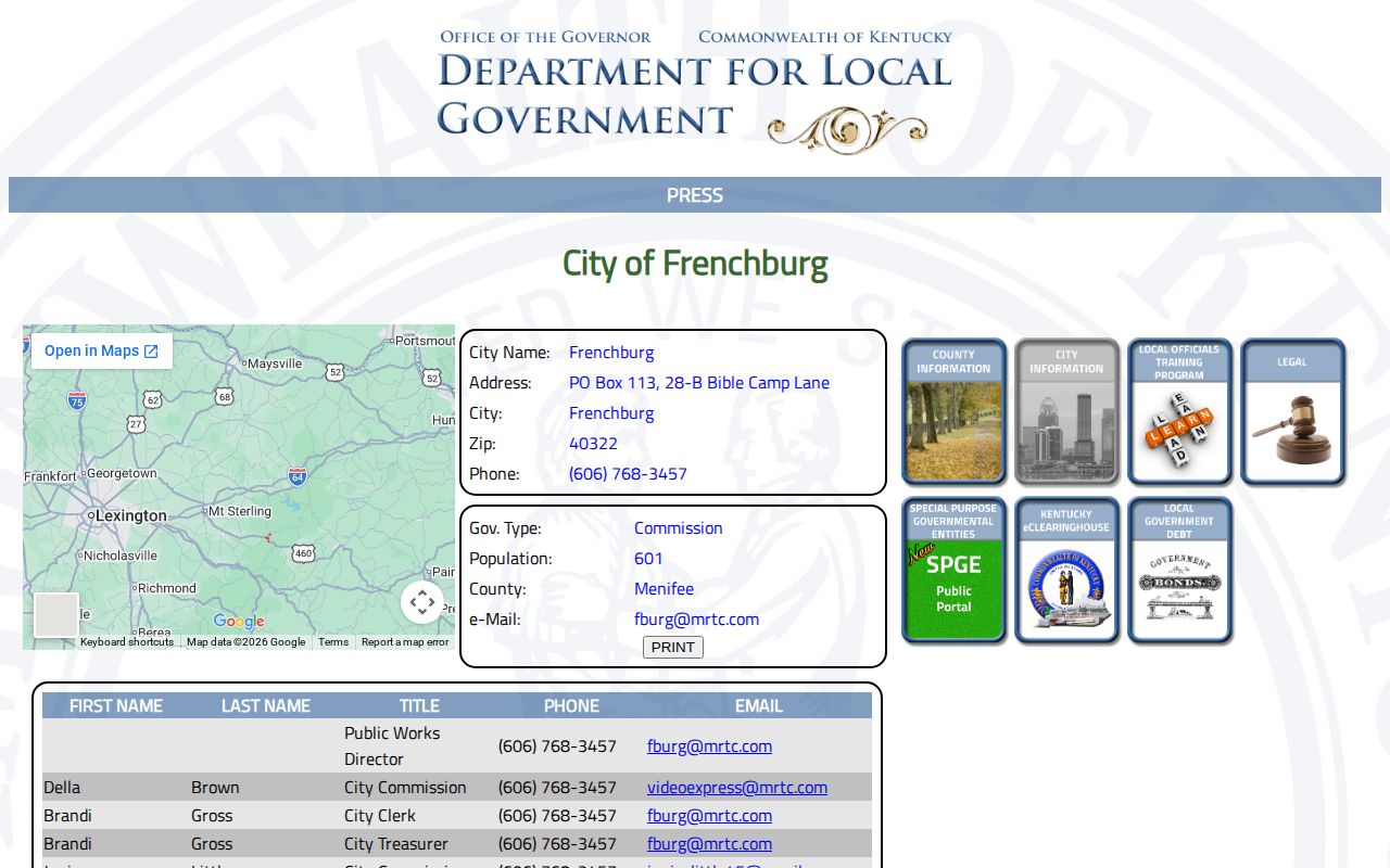 Kentucky DLG Frenchburg profile used for city arrest-record context