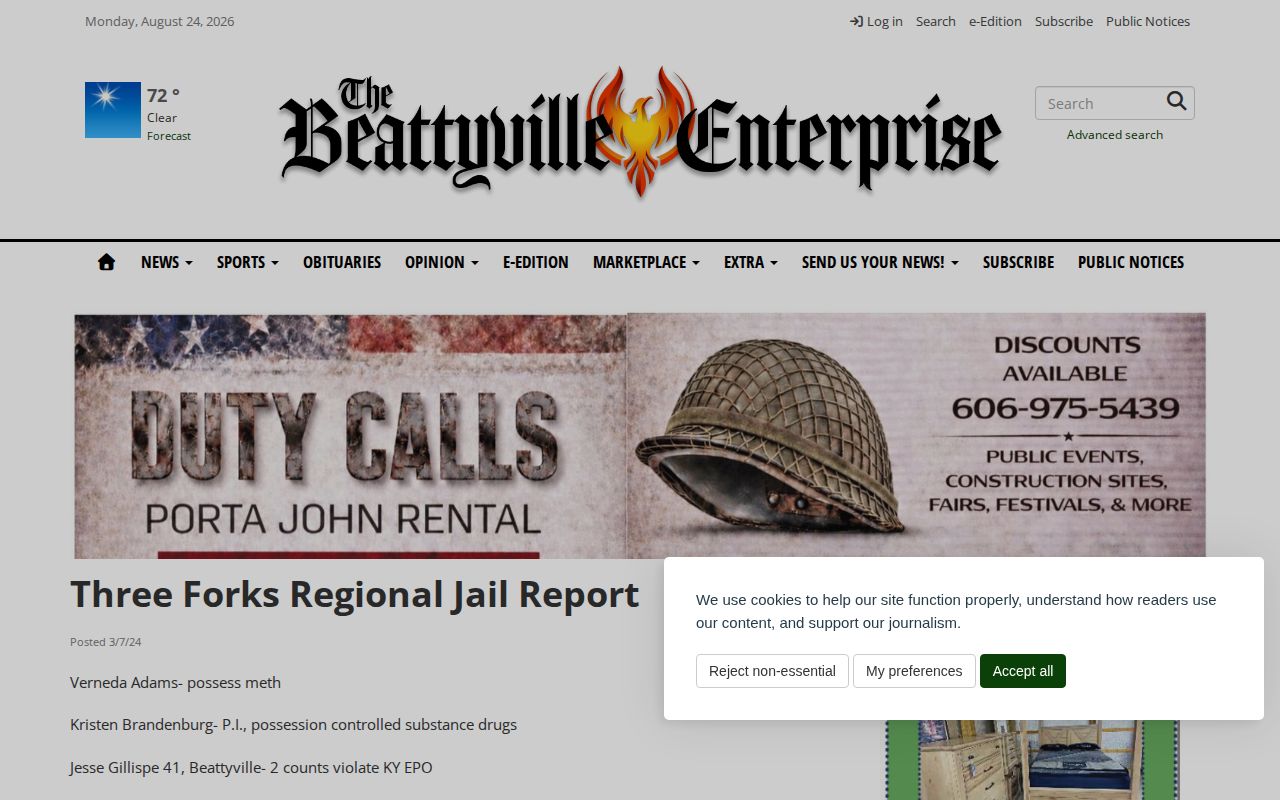 Beattyville Enterprise regional jail report relevant to Menifee County arrest news